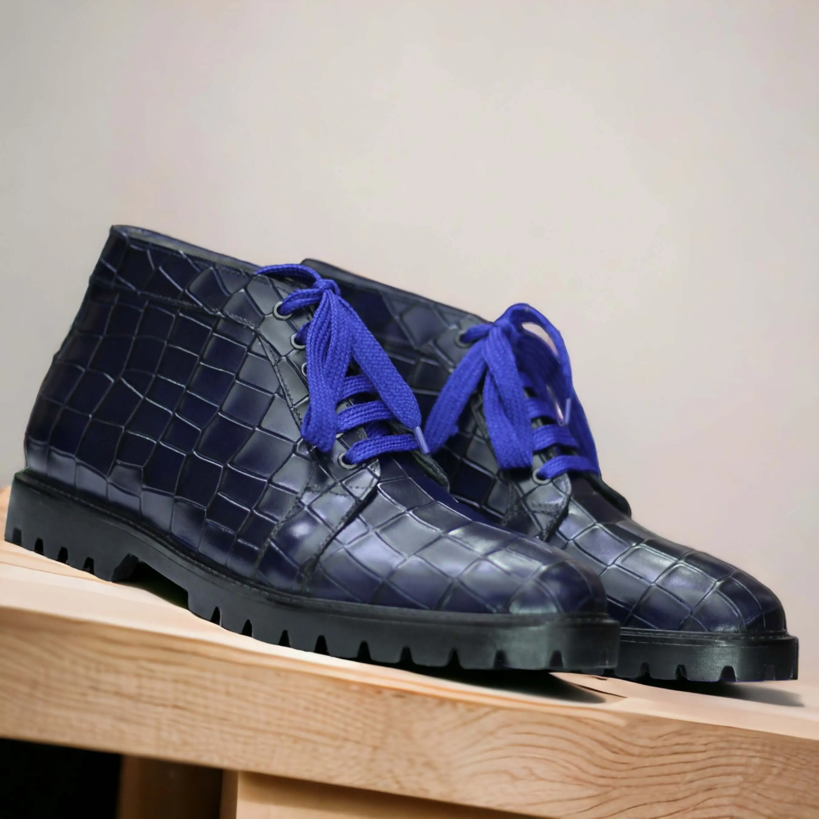 Ankle High Navy Blue Lace Up Alligator Boot, Handmade Rubber Sole Boots For Men's