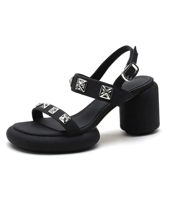 Art Rivet Buckle Strap Splicing Chunky Sandals Black Cowhide Leather LY8250