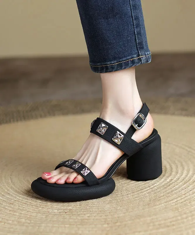 Art Rivet Buckle Strap Splicing Chunky Sandals Black Cowhide Leather LY8250