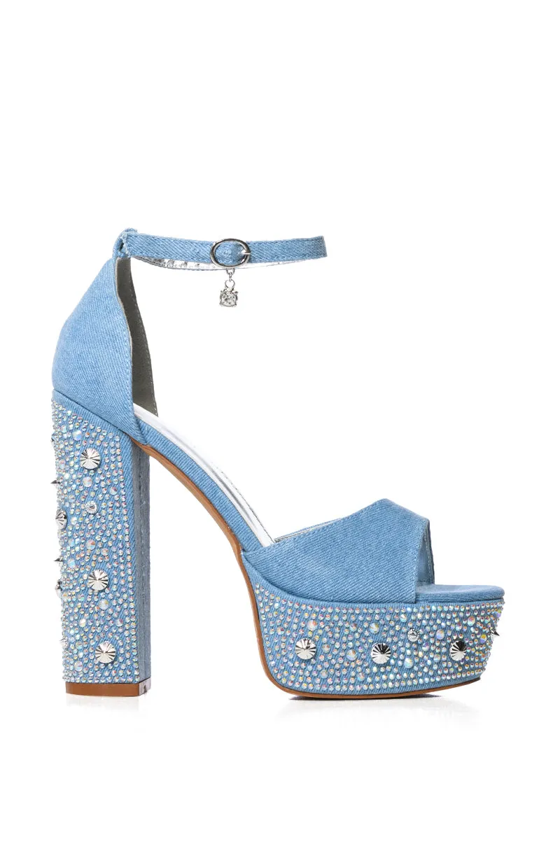 AZALEA WANG ARABELLE DENIM SANDAL WITH DIAMOND HEEL