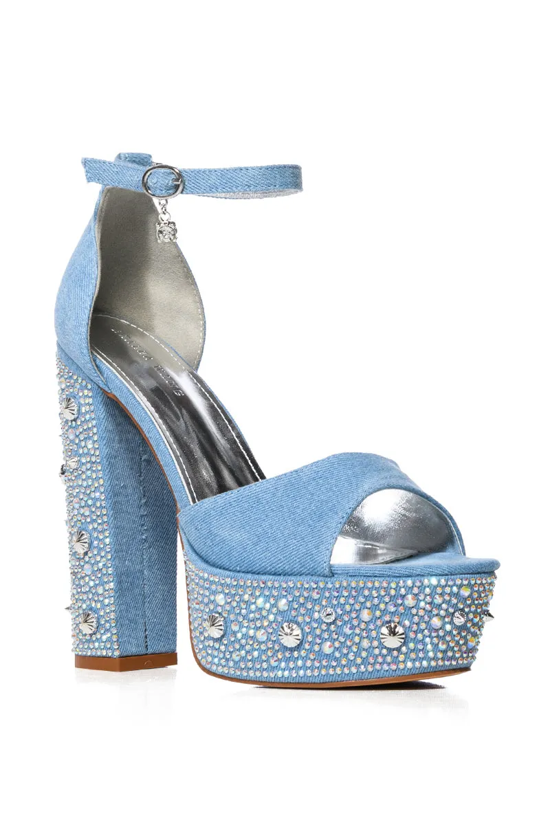 AZALEA WANG ARABELLE DENIM SANDAL WITH DIAMOND HEEL