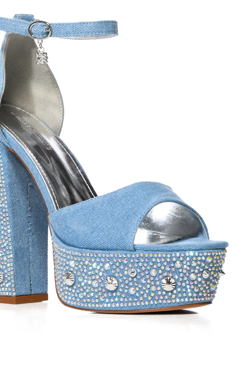 AZALEA WANG ARABELLE DENIM SANDAL WITH DIAMOND HEEL