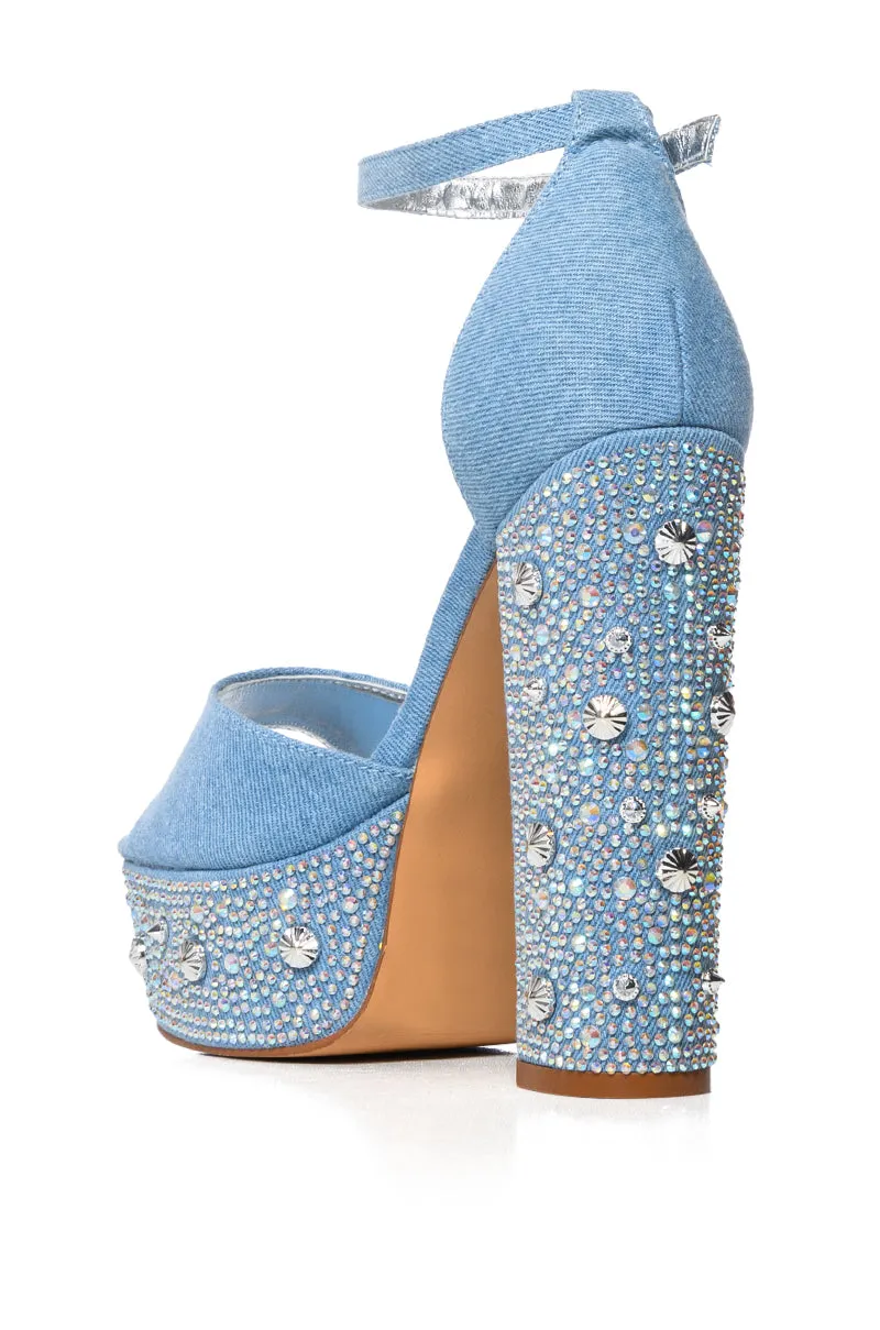 AZALEA WANG ARABELLE DENIM SANDAL WITH DIAMOND HEEL