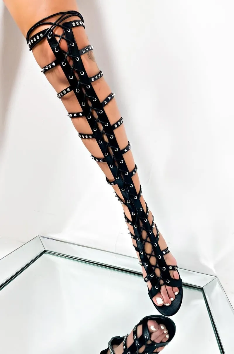 Black Faux Leather Rivet Trim Over the Knee Gladiator Flat Sandals