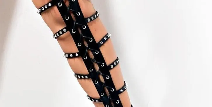 Black Faux Leather Rivet Trim Over the Knee Gladiator Flat Sandals