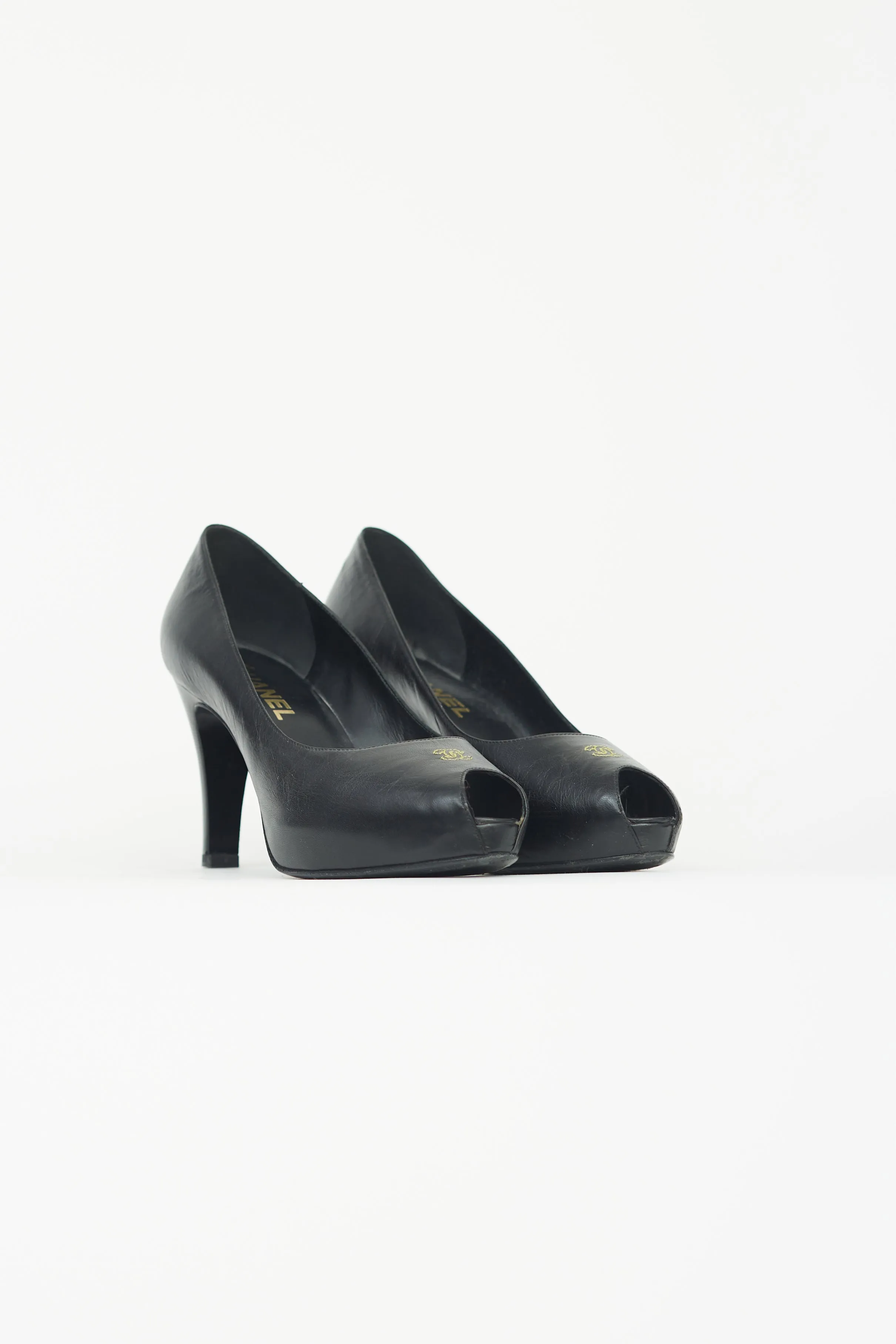 Black Leather Peep Toe Heel