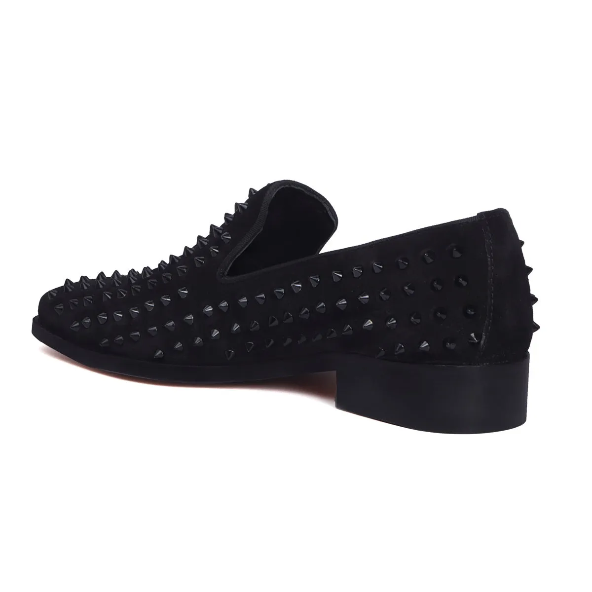 Black Studded Sleek Toe Loafer in Suede Leather