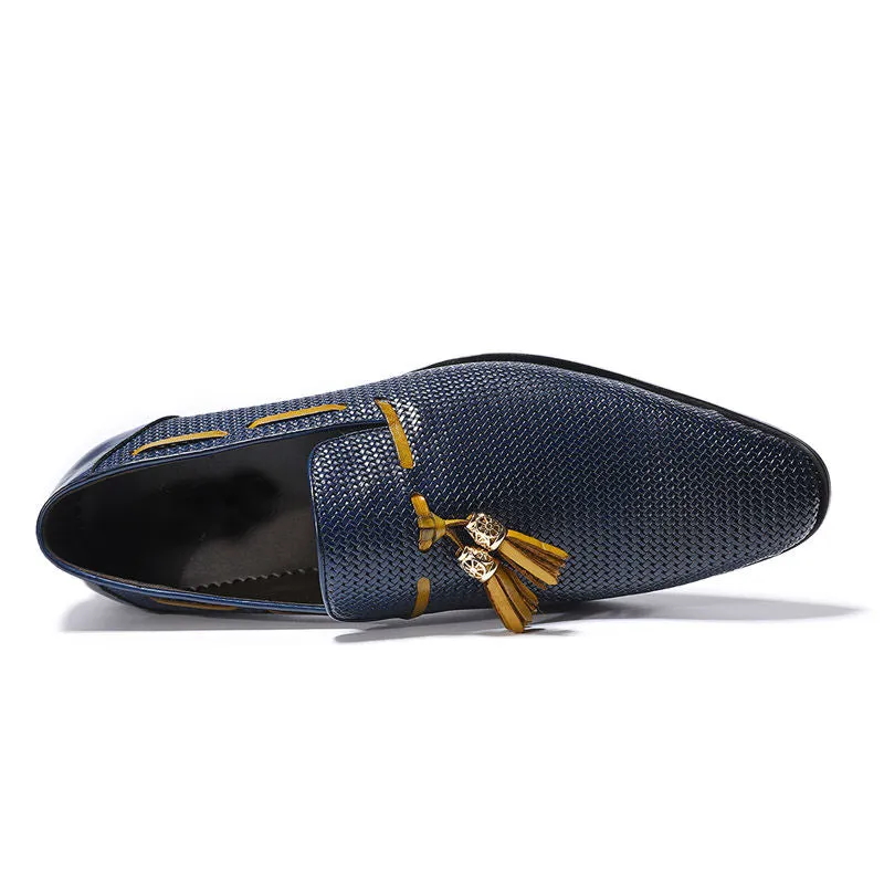 Blue Pattern Men Leather Loafers Shoe with Brown Tassel