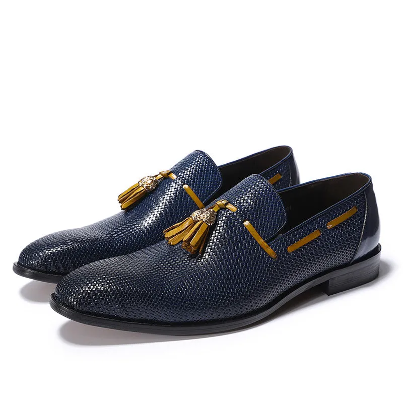 Blue Pattern Men Leather Loafers Shoe with Brown Tassel