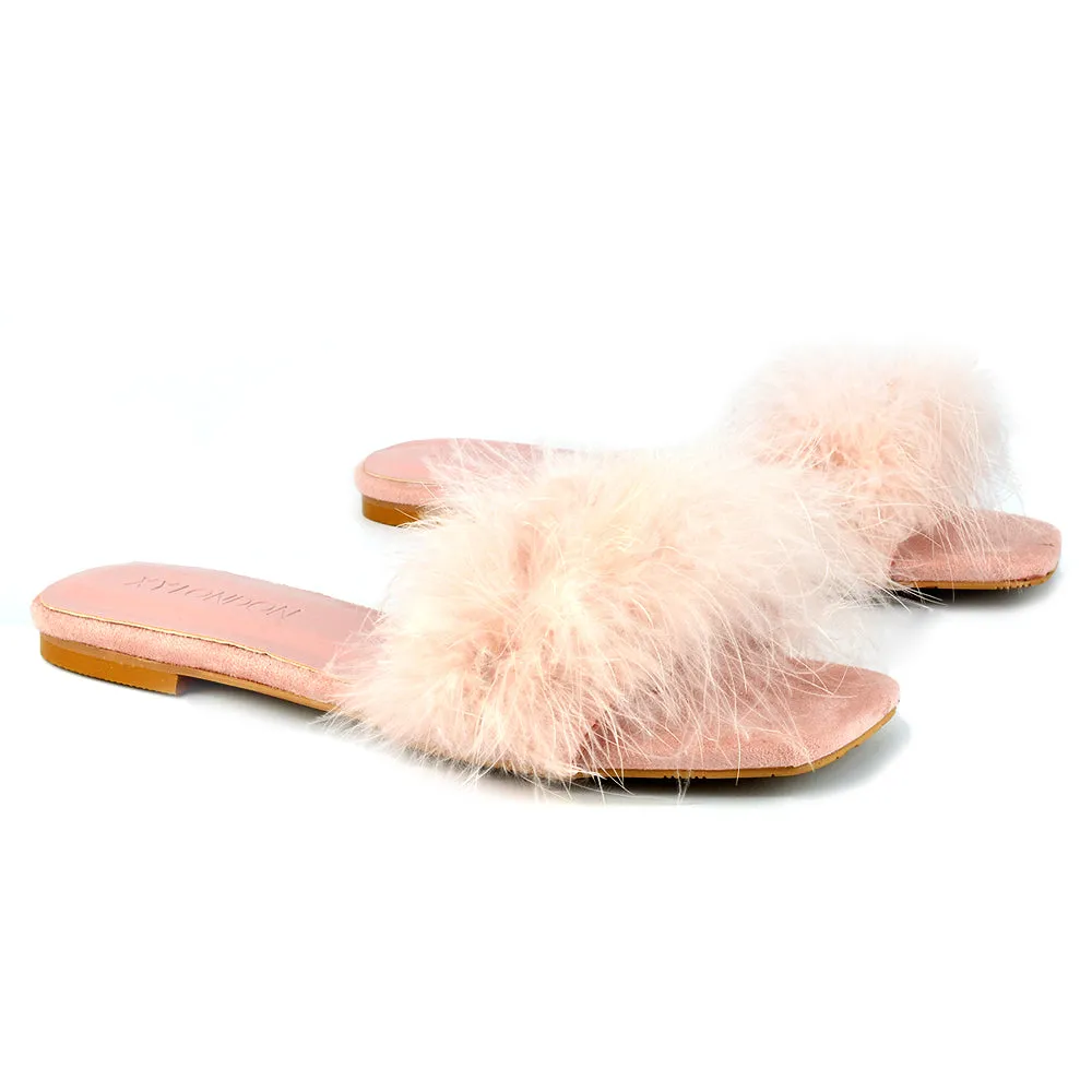 BROOKLYN FLAT FAUX FUR FLUFFY STRAPPY SLIP ON SQUARE TOE SANDAL SLIDERS IN PINK