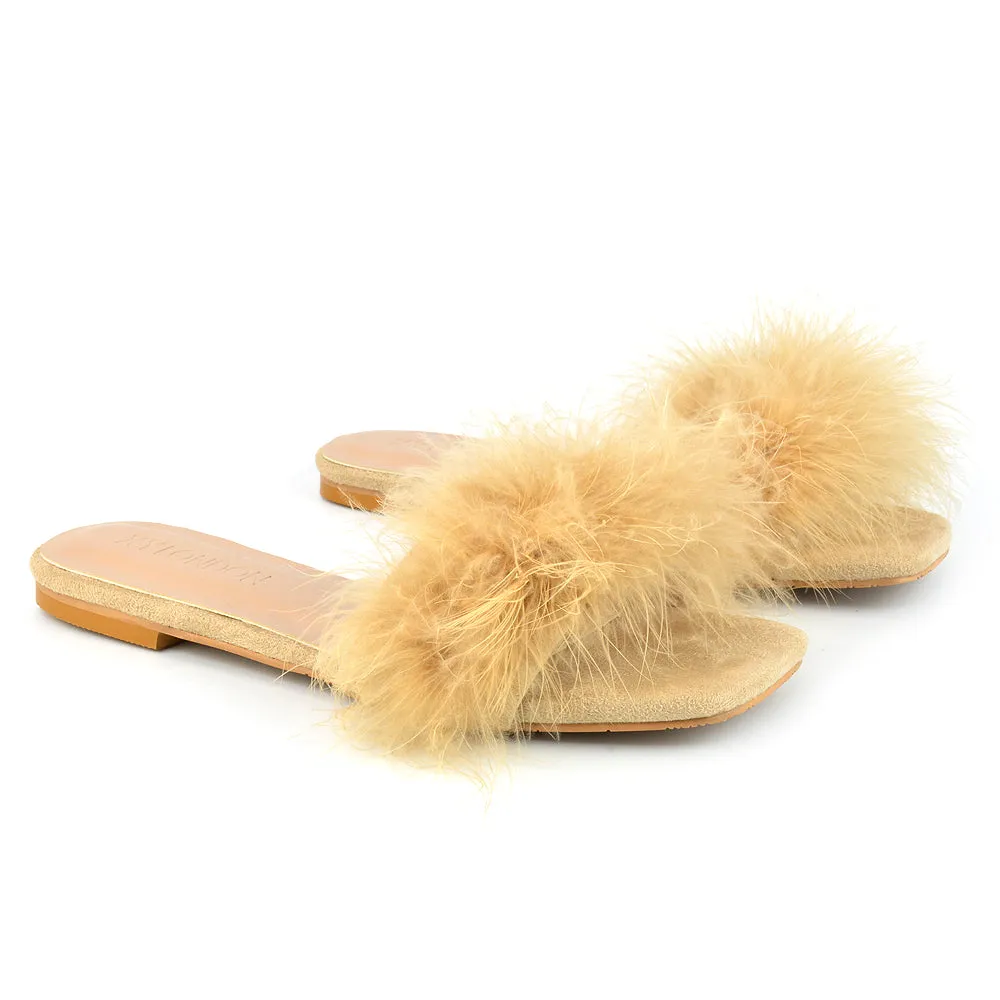 BROOKLYN FLAT FAUX FUR FLUFFY STRAPPY SLIP ON SQUARE TOE SANDAL SLIDERS IN PINK