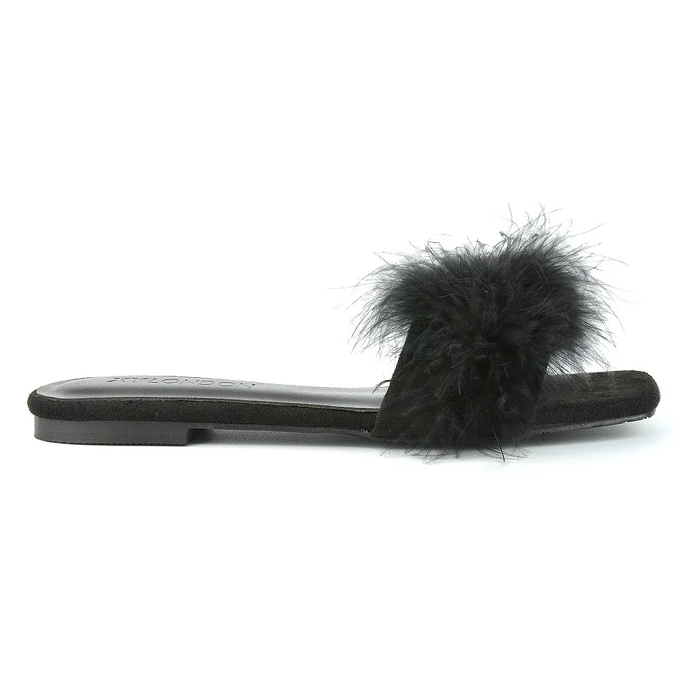 BROOKLYN FLAT FAUX FUR FLUFFY STRAPPY SLIP ON SQUARE TOE SANDAL SLIDERS IN PINK