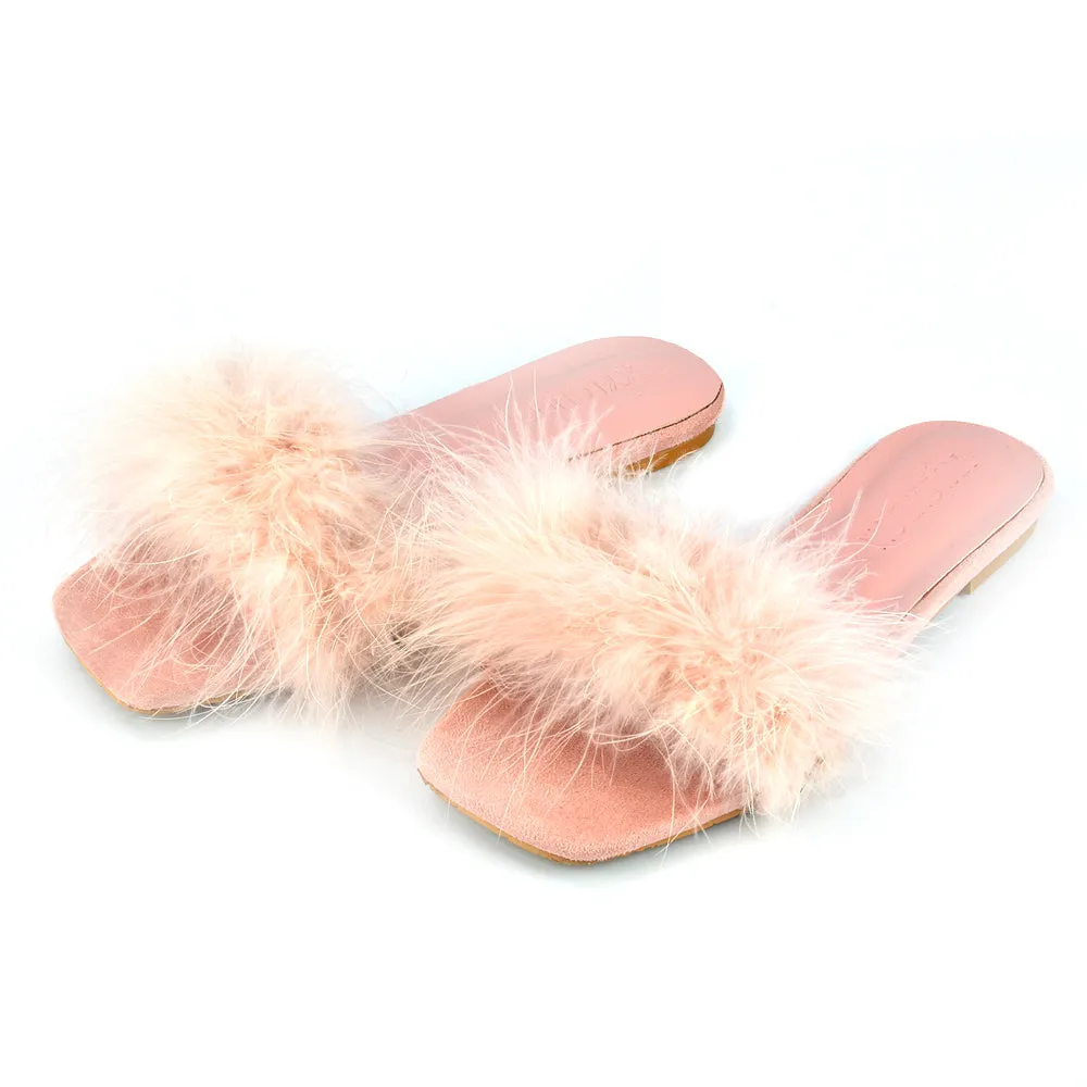 BROOKLYN FLAT FAUX FUR FLUFFY STRAPPY SLIP ON SQUARE TOE SANDAL SLIDERS IN PINK