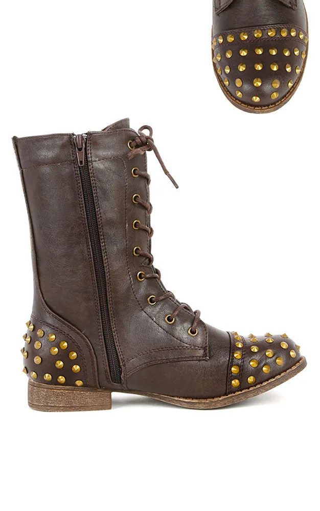 Brown Studded Military Inspired Lace Up Mid Calf Boot Libby02