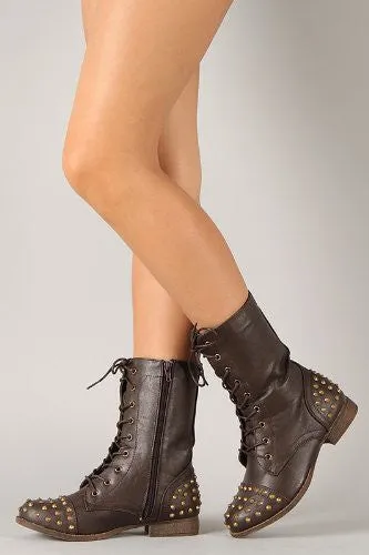 Brown Studded Military Inspired Lace Up Mid Calf Boot Libby02