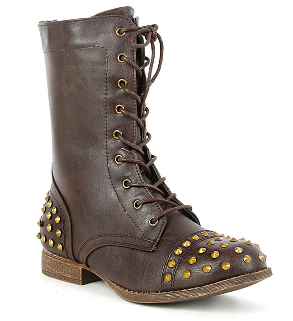 Brown Studded Military Inspired Lace Up Mid Calf Boot Libby02