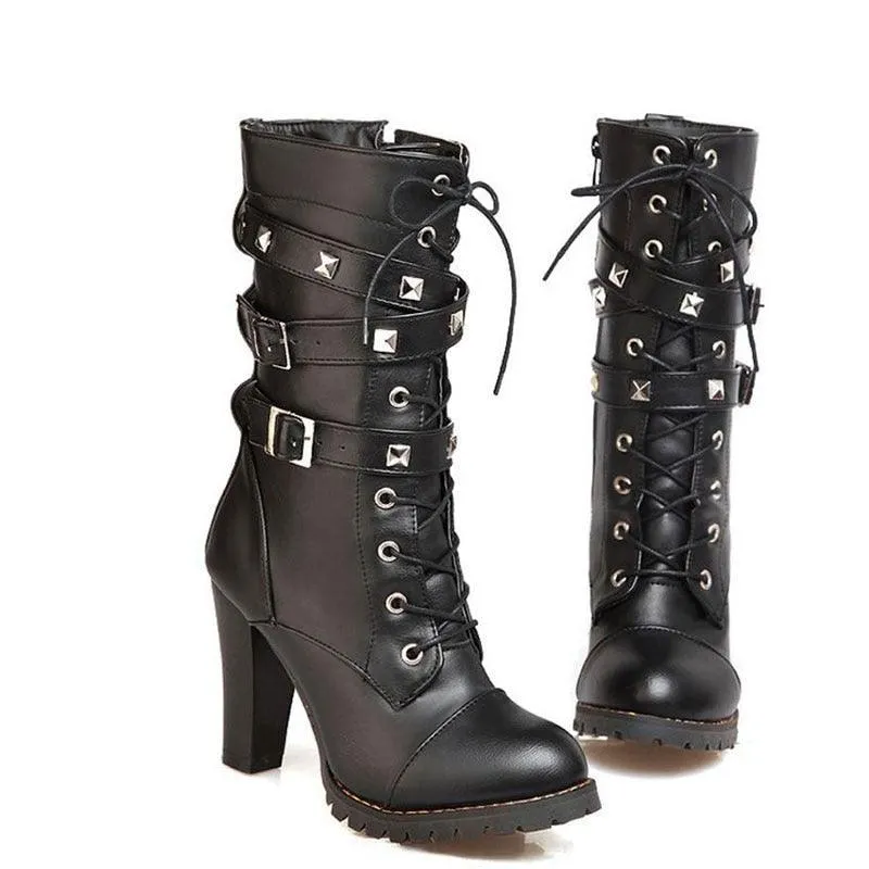 Buckle Zipper Rivets Lace Up Boots