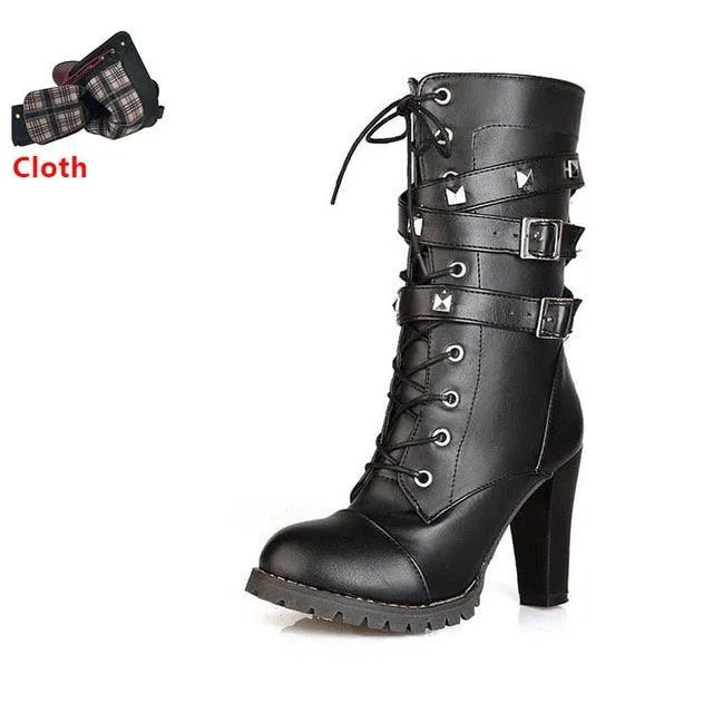 Buckle Zipper Rivets Lace Up Boots