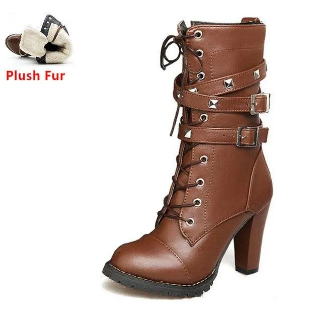 Buckle Zipper Rivets Lace Up Boots