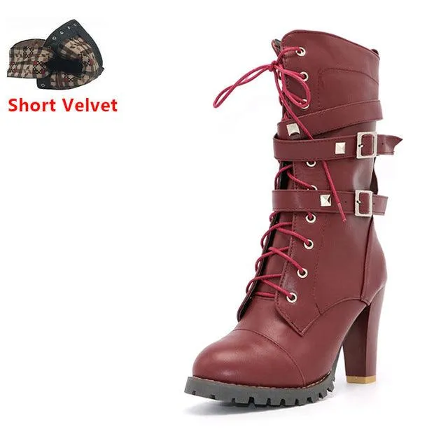 Buckle Zipper Rivets Lace Up Boots