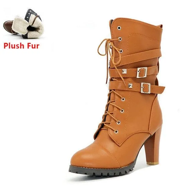 Buckle Zipper Rivets Lace Up Boots