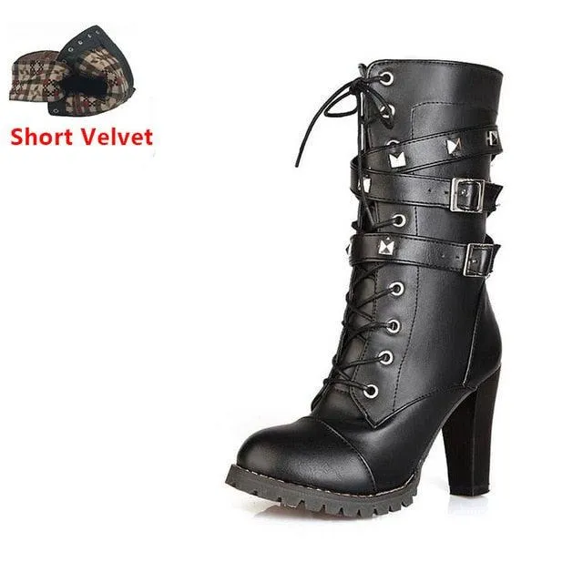 Buckle Zipper Rivets Lace Up Boots