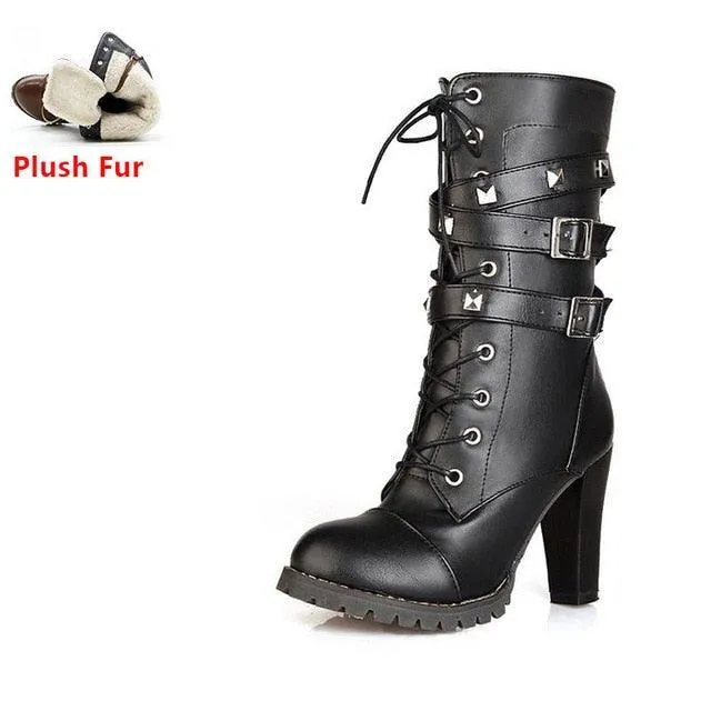 Buckle Zipper Rivets Lace Up Boots