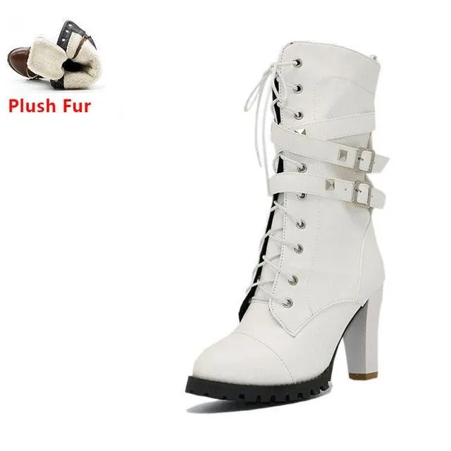 Buckle Zipper Rivets Lace Up Boots