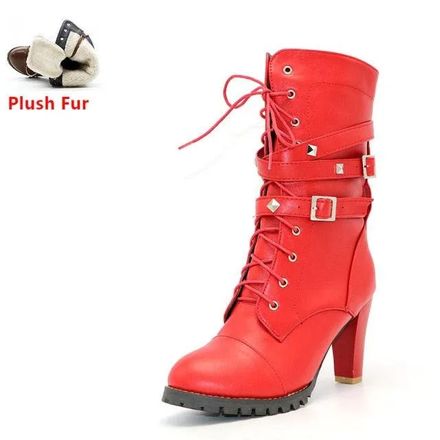 Buckle Zipper Rivets Lace Up Boots