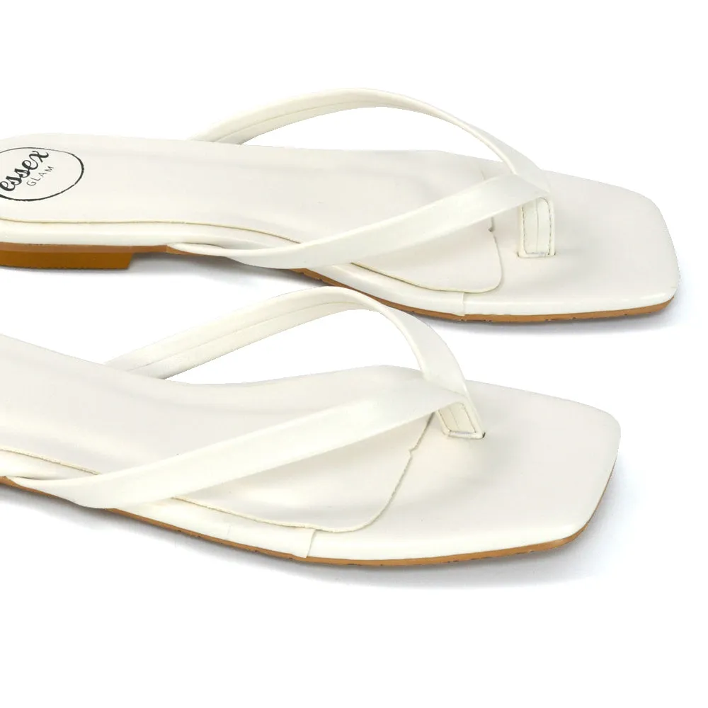 CODY FLAT SLIP ON SQUARE TOE THONG FLIP FLOP SANDAL SLIDES IN BLACK SYNTHETIC LEATHER