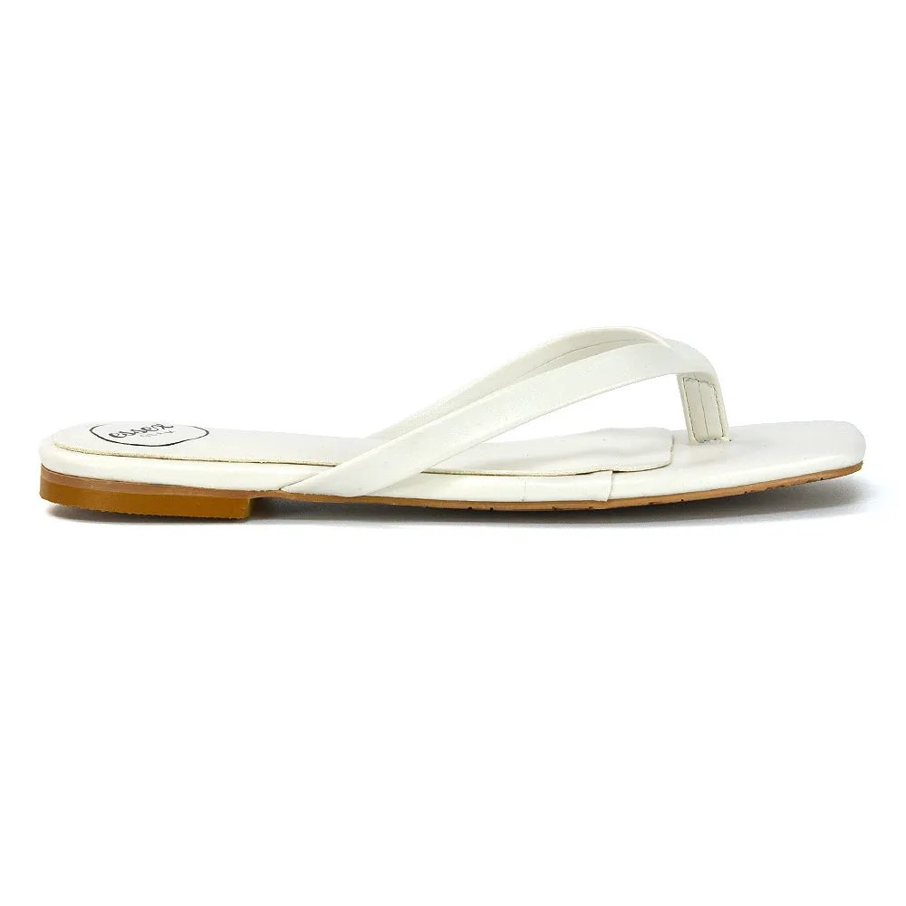CODY FLAT SLIP ON SQUARE TOE THONG FLIP FLOP SANDAL SLIDES IN BLACK SYNTHETIC LEATHER