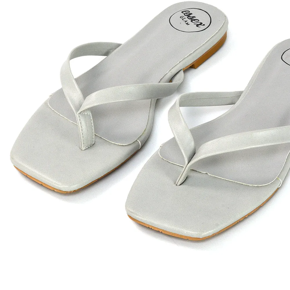 CODY FLAT SLIP ON SQUARE TOE THONG FLIP FLOP SANDAL SLIDES IN STONE SYNTHETIC LEATHER