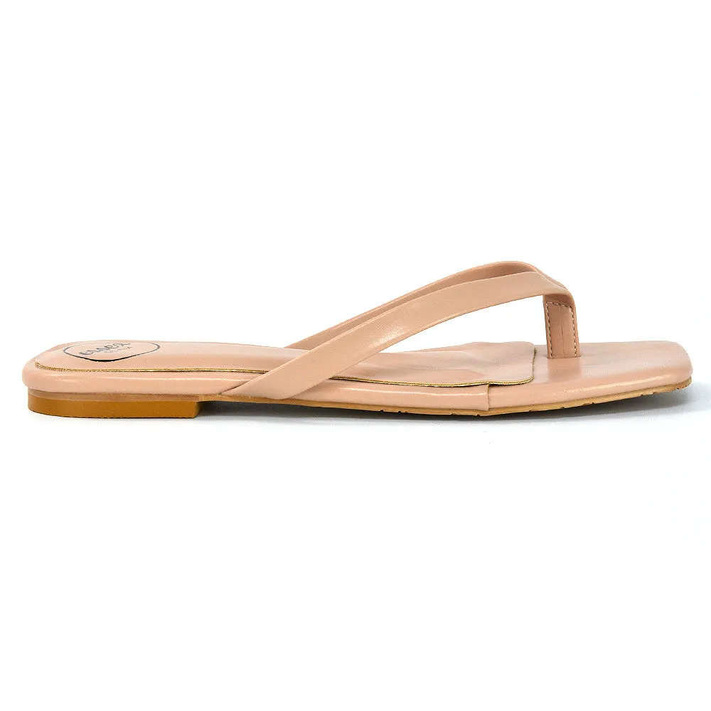 CODY FLAT SLIP ON SQUARE TOE THONG FLIP FLOP SANDAL SLIDES IN STONE SYNTHETIC LEATHER