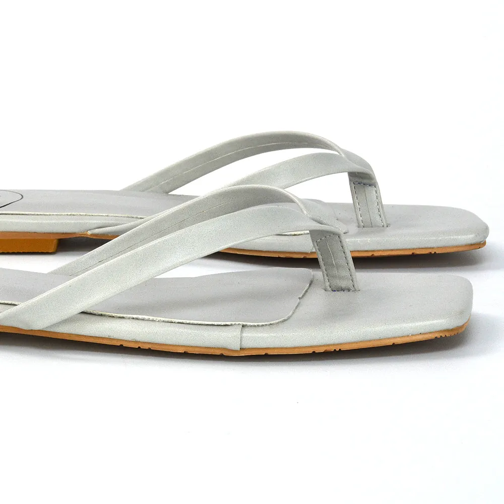 CODY FLAT SLIP ON SQUARE TOE THONG FLIP FLOP SANDAL SLIDES IN STONE SYNTHETIC LEATHER