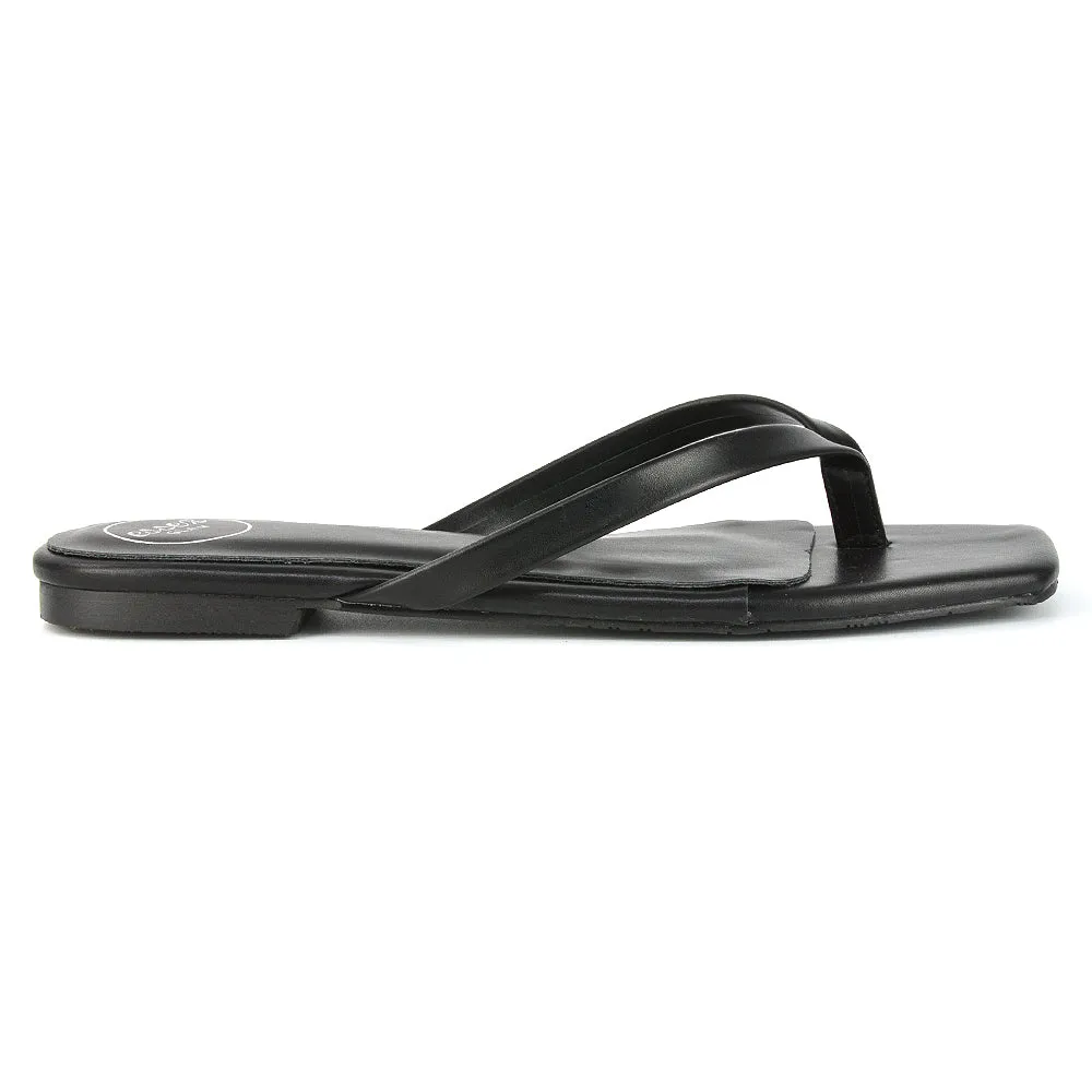 CODY FLAT SLIP ON SQUARE TOE THONG FLIP FLOP SANDAL SLIDES IN STONE SYNTHETIC LEATHER
