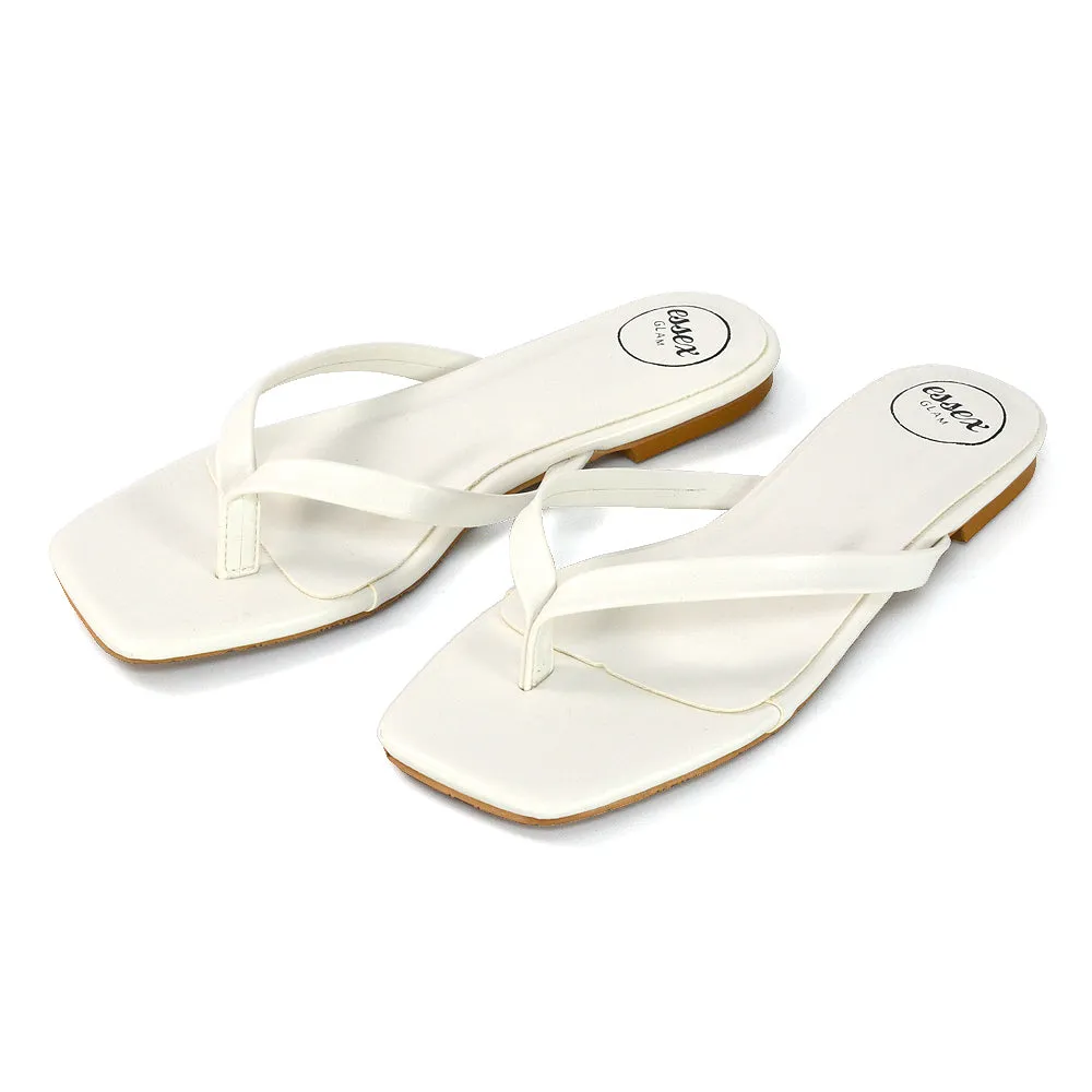 CODY FLAT SLIP ON SQUARE TOE THONG FLIP FLOP SANDAL SLIDES IN STONE SYNTHETIC LEATHER