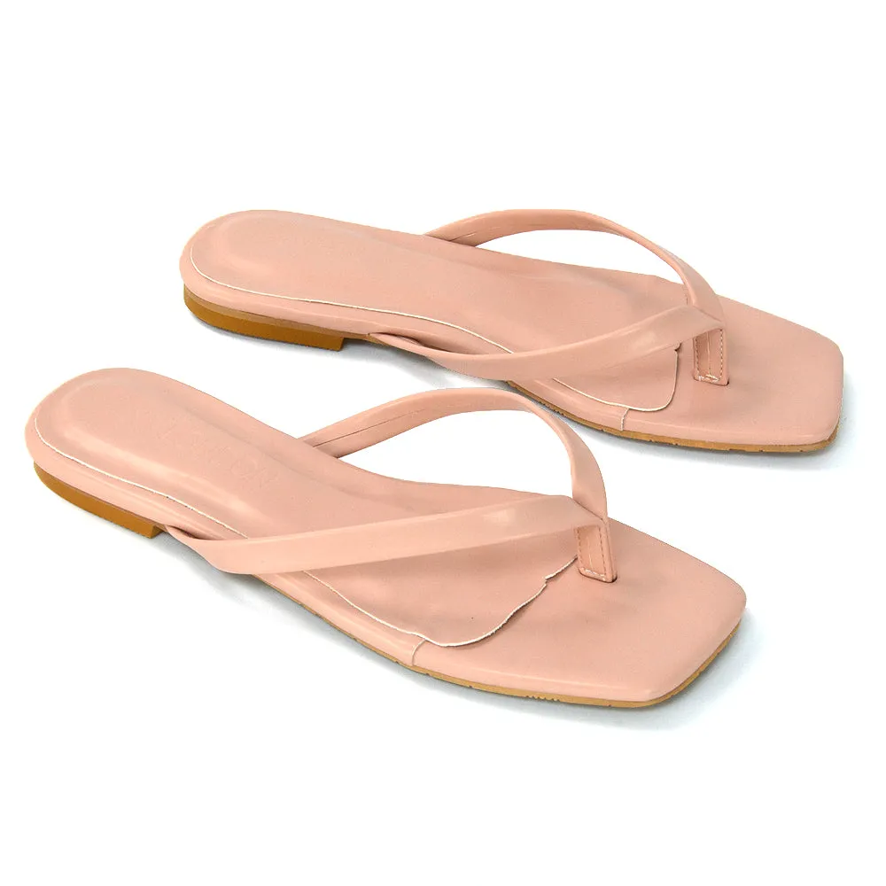 CODY FLAT SLIP ON SQUARE TOE THONG FLIP FLOP SANDAL SLIDES IN STONE SYNTHETIC LEATHER