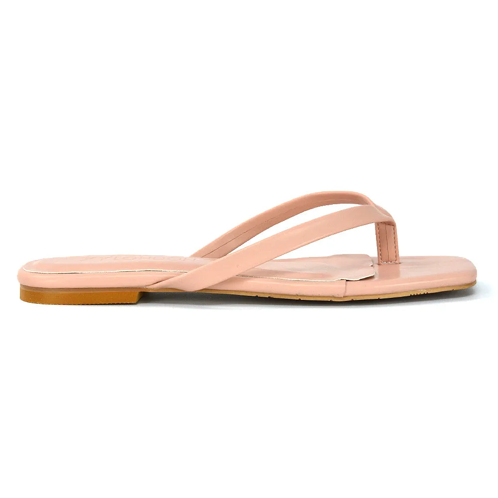 CODY FLAT SLIP ON SQUARE TOE THONG FLIP FLOP SANDAL SLIDES IN STONE SYNTHETIC LEATHER