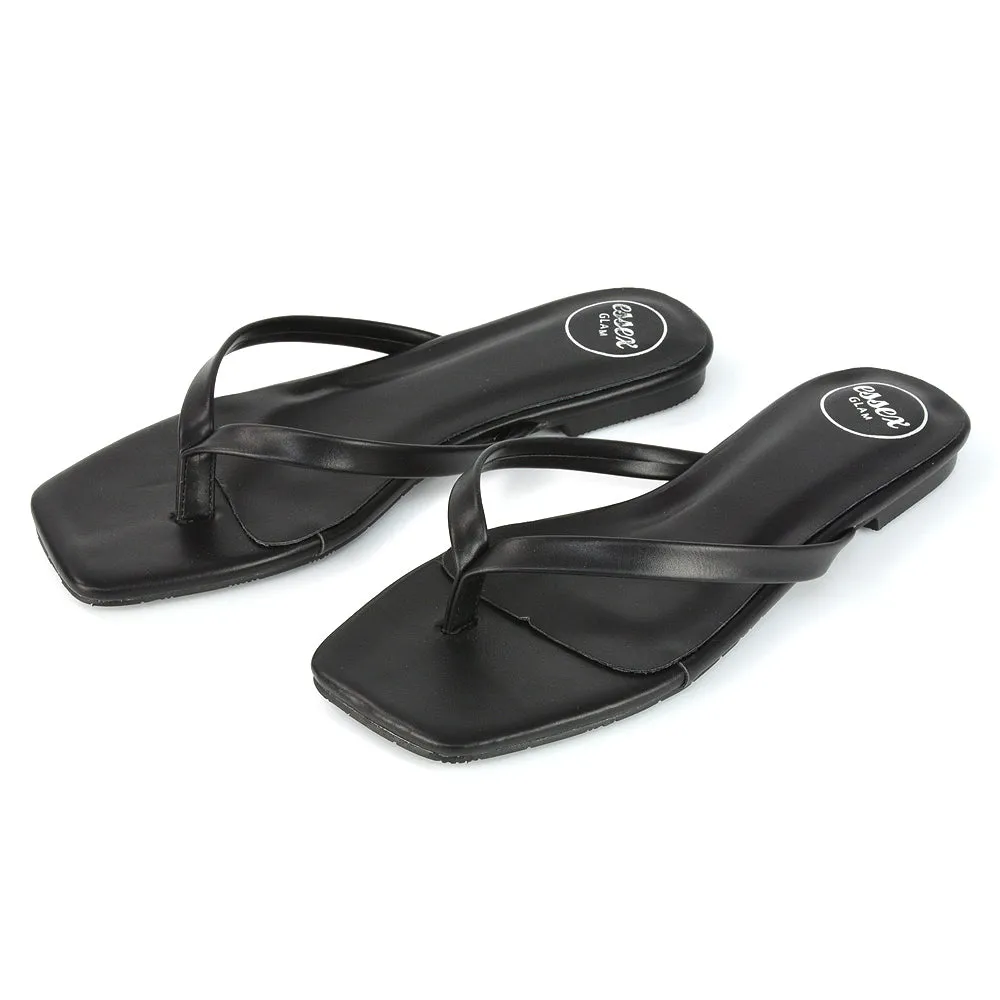 CODY FLAT SLIP ON SQUARE TOE THONG FLIP FLOP SANDAL SLIDES IN STONE SYNTHETIC LEATHER