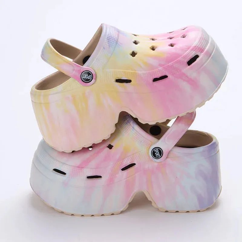 Colorful Chunky Platform Sandals Women Wedge Heels Clogs Slippers Hollow Out Closed Toe Beach Slides