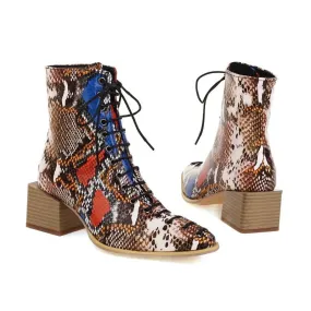 Fashion Mid-heel Square Toe Snake Front Lace-up Low-top Women's Boots