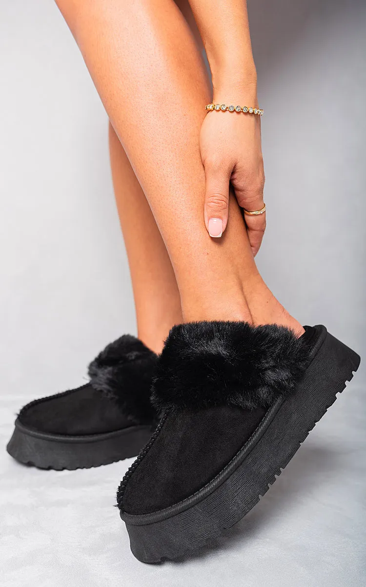 Faux Fur Trim Whisp Chunky Platform Slippers