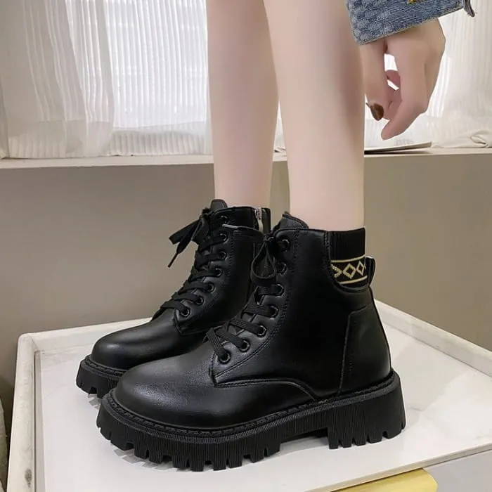 Faux Leather Platform Chunky Heel Lace-Up Short Boots