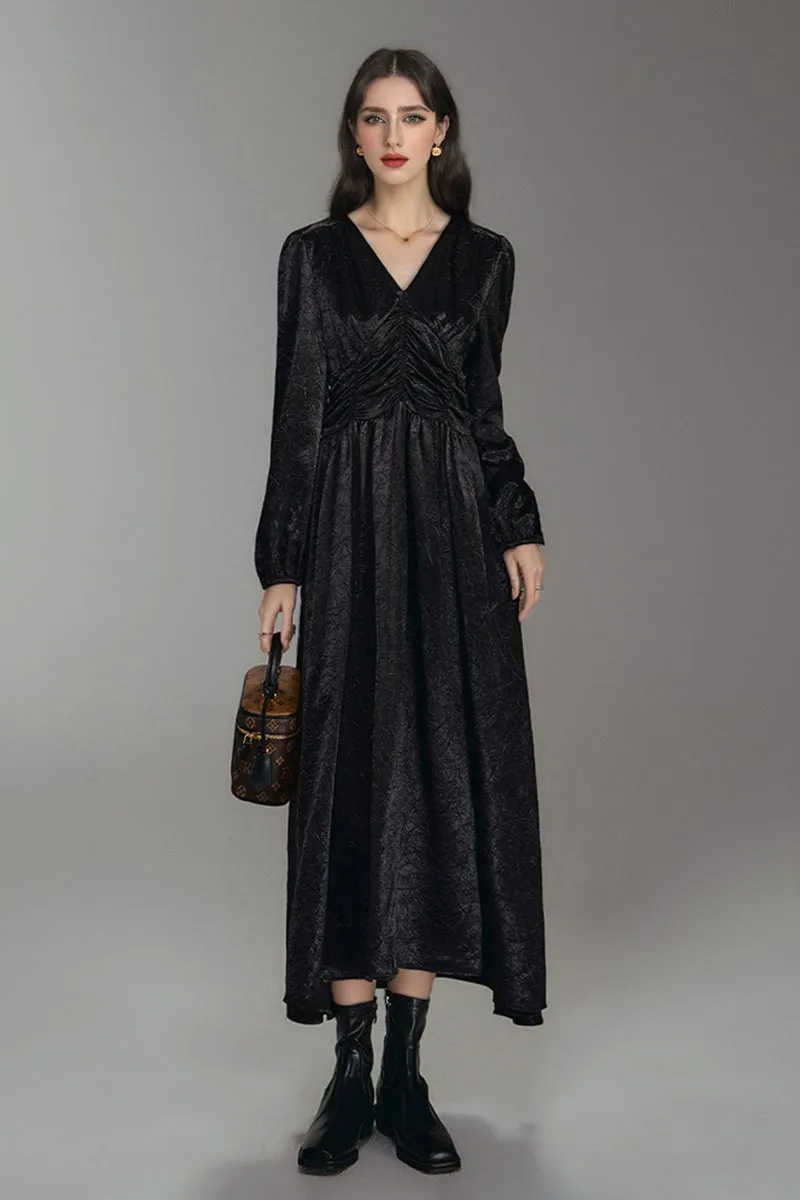 French-Inspired Textured Long Sleeve Velvet Midi Dress