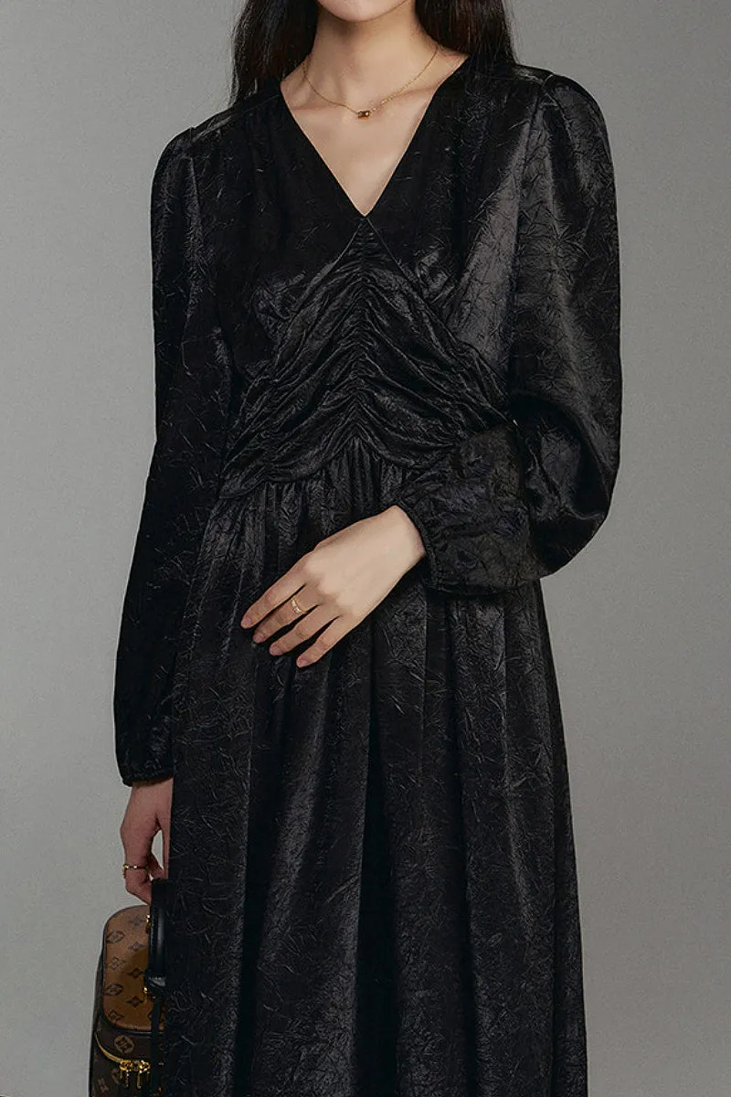 French-Inspired Textured Long Sleeve Velvet Midi Dress