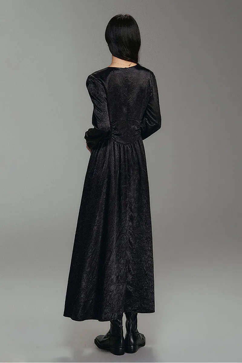 French-Inspired Textured Long Sleeve Velvet Midi Dress