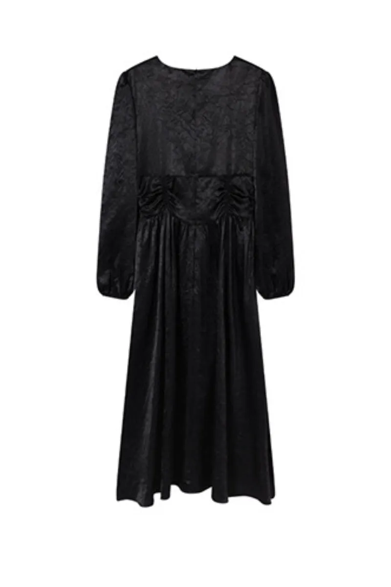 French-Inspired Textured Long Sleeve Velvet Midi Dress