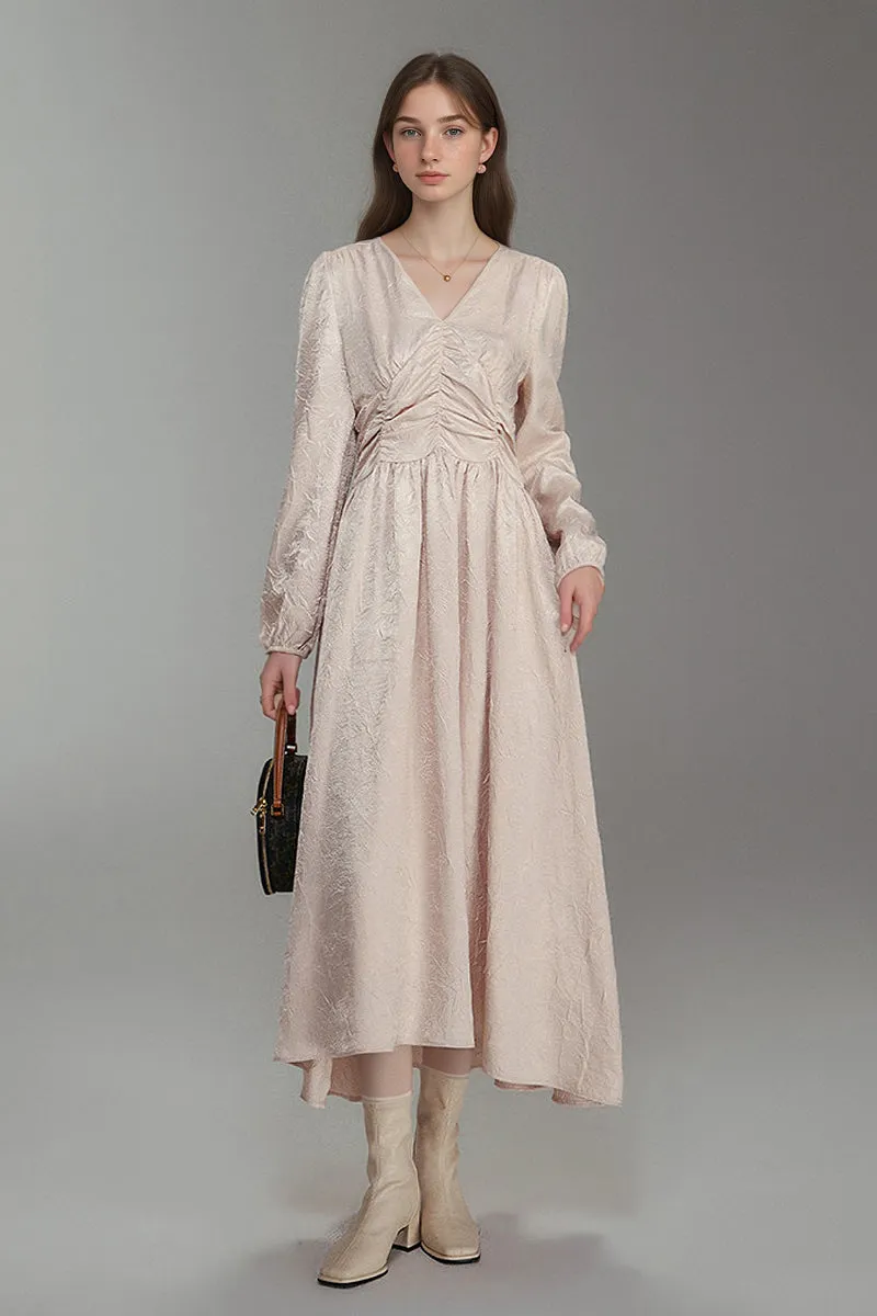 French-Inspired Textured Long Sleeve Velvet Midi Dress