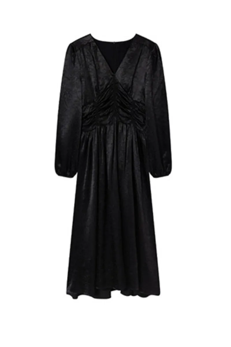 French-Inspired Textured Long Sleeve Velvet Midi Dress