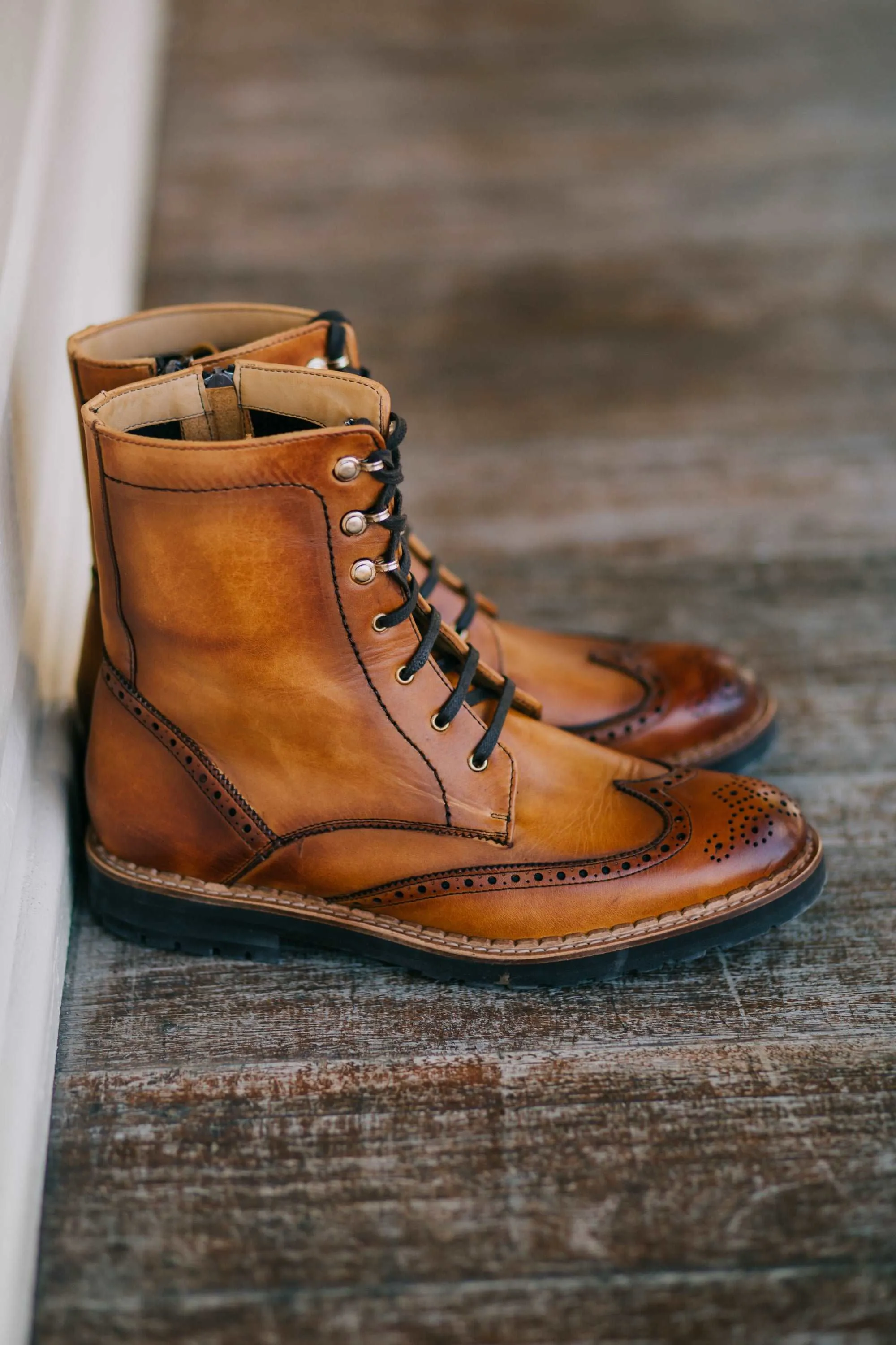 Gaia Lace-up Brogue Boots - Cognac Leather